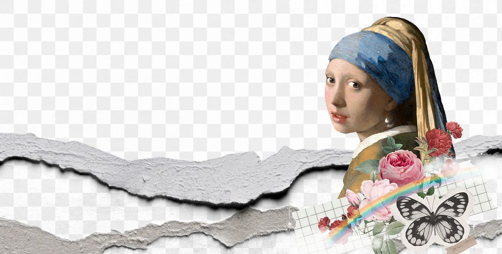 Vermeer pearl earring png ripped paper border, transparent background. Famous art remixed by rawpixel.