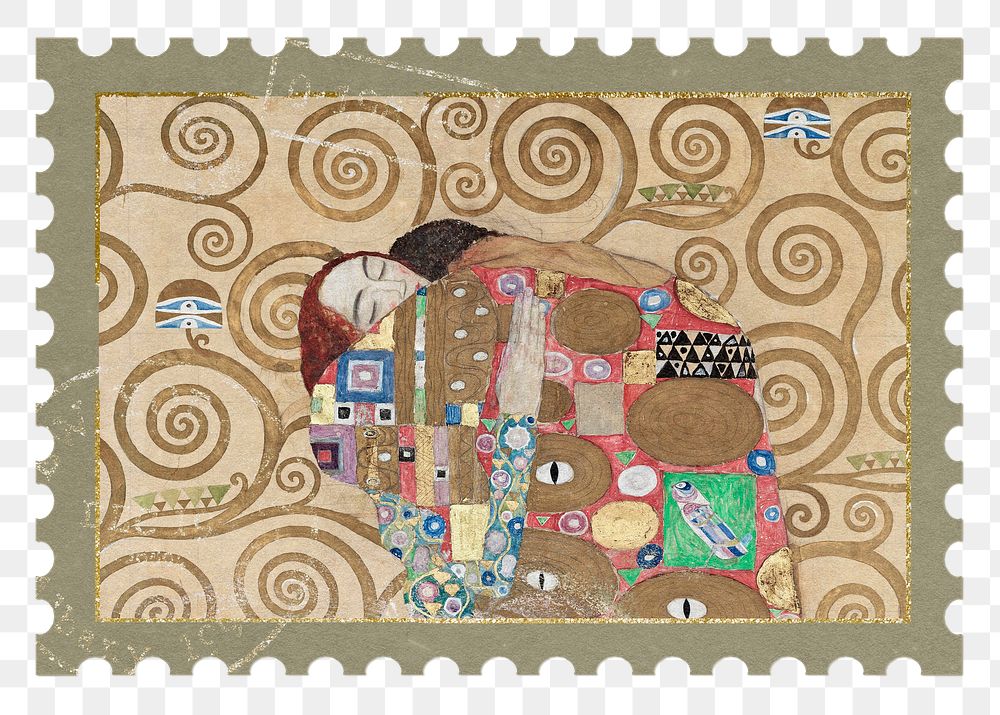 Postage stamp png Gustav Klimt's The Tree of Life artwork sticker, transparent background, remixed by rawpixel