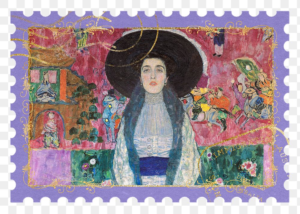Famous painting png Gustav Klimt's Portrait of Adele Bloch-Bauer postage stamp sticker, transparent background, remixed by…