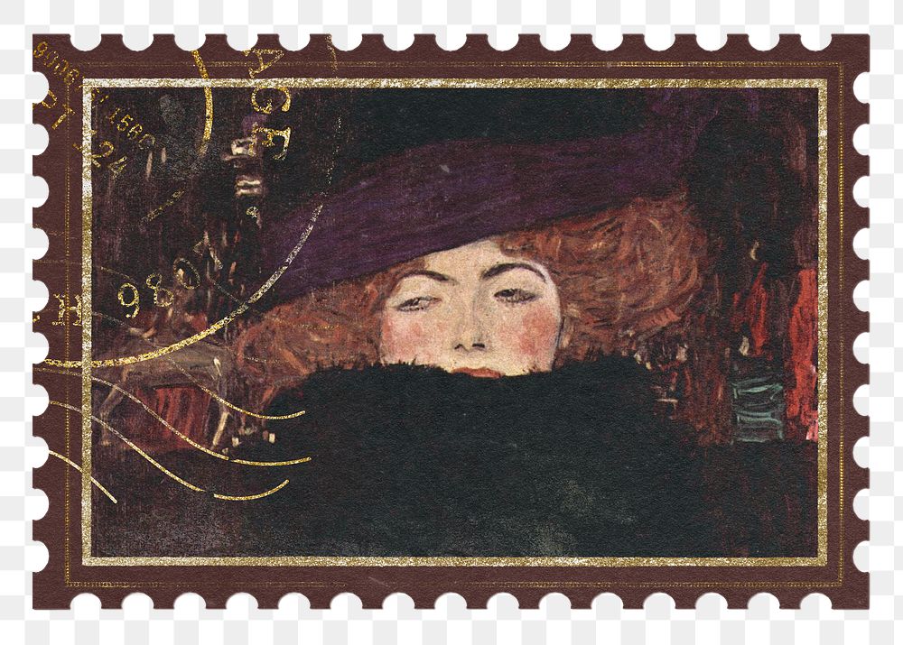 Gustav Klimt's png Dame mit Hut und Federboa postage stamp sticker, transparent background, remixed by rawpixel