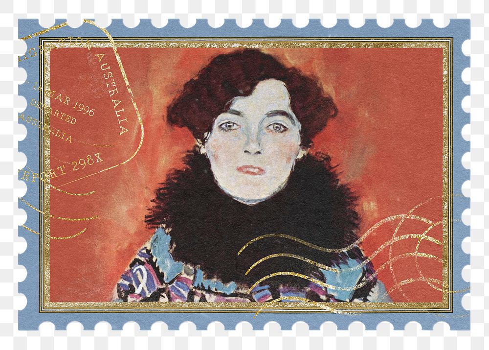 Gustav Klimt's png Portrait of Johanna Staude postage stamp sticker, transparent background, remixed by rawpixel