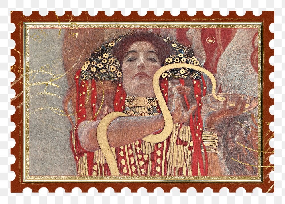 Postage stamp png Gustav Klimt's Hygieia patterned sticker, transparent background, remixed by rawpixel