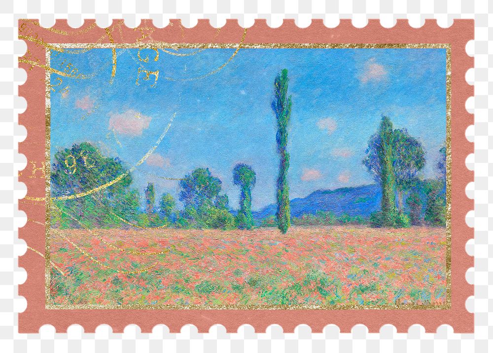 Giverny Poppy Fields png postage stamp sticker, transparent background. Claude Monet artwork, remixed by rawpixel.