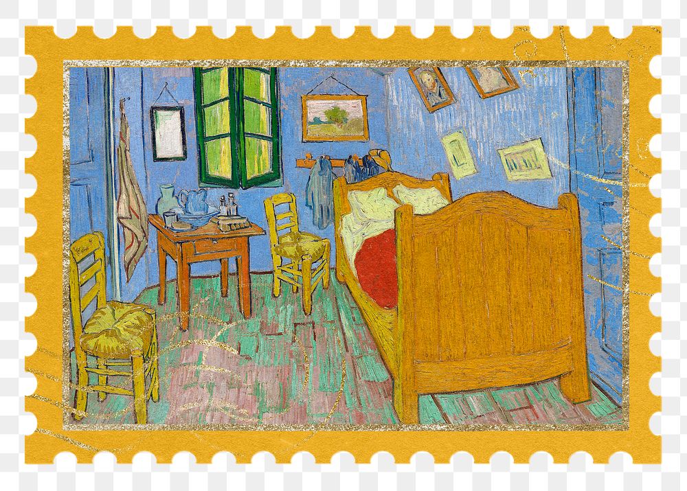 Postage stamp png Vincent Van Gogh's The Bedroom sticker, transparent background, remixed by rawpixel