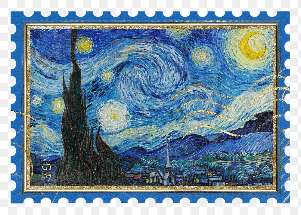 Van Gogh's stamp png The Starry Night sticker, transparent background, remixed by rawpixel
