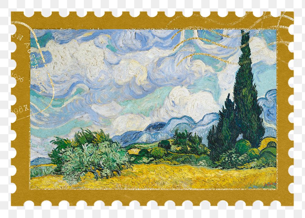 Vintage stamp png Vincent Van Gogh's Wheat Field with Cypresses sticker, transparent background, remixed by rawpixel