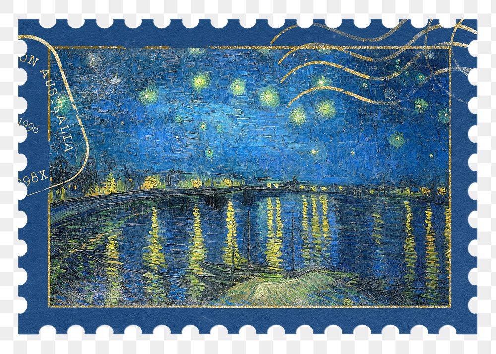 Van Gogh's stamp png Starry Night Over the Rhone sticker, transparent background, remixed by rawpixel