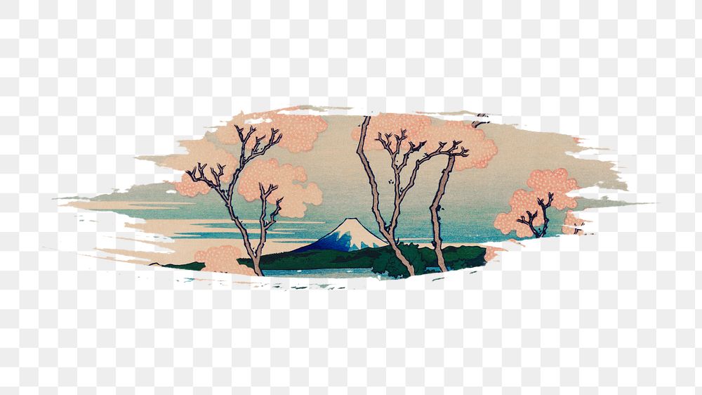 Hokusai's png Mount Fuji brush stroke sticker, vintage illustration, transparent background, remixed by rawpixel