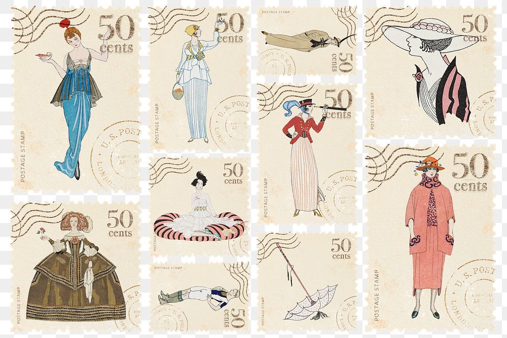 Postage stamp png ephemera fashion sticker set, transparent background, remixed by rawpixel