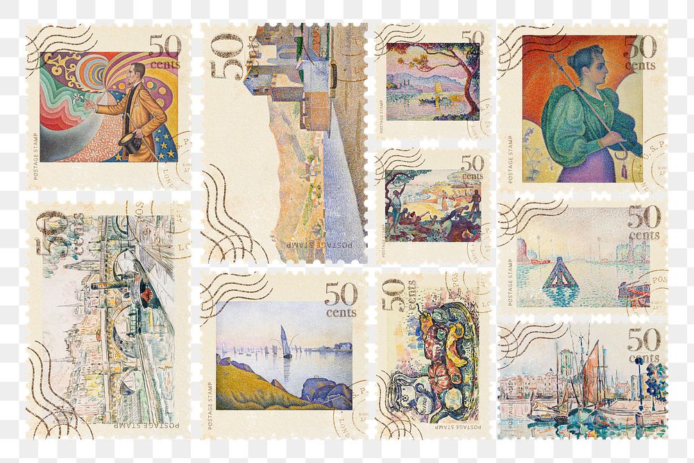 Postage stamp png Paul Signac's famous painting sticker set, transparent background, remixed by rawpixel