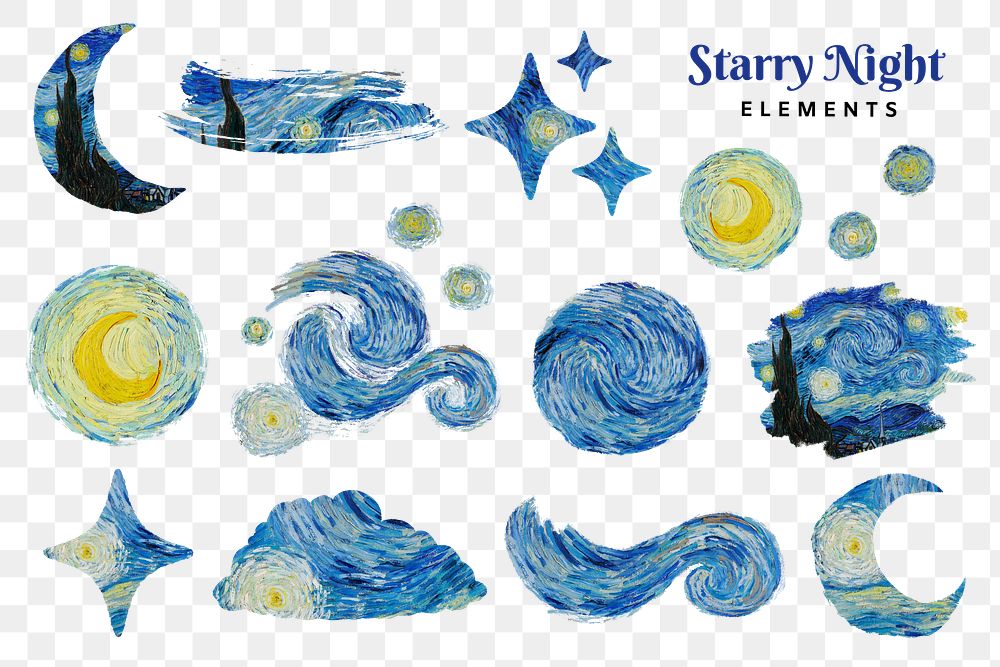 Starry Night png Van Gogh's painting sticker set, transparent background, remixed by rawpixel