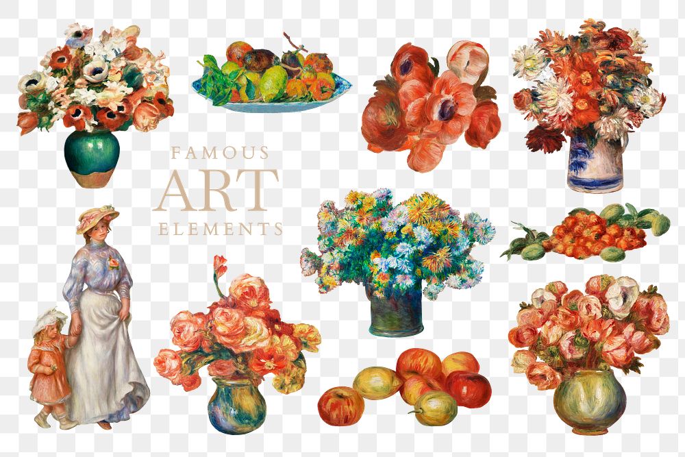 PNG famous flower painting sticker set, transparent background, remixed by rawpixel