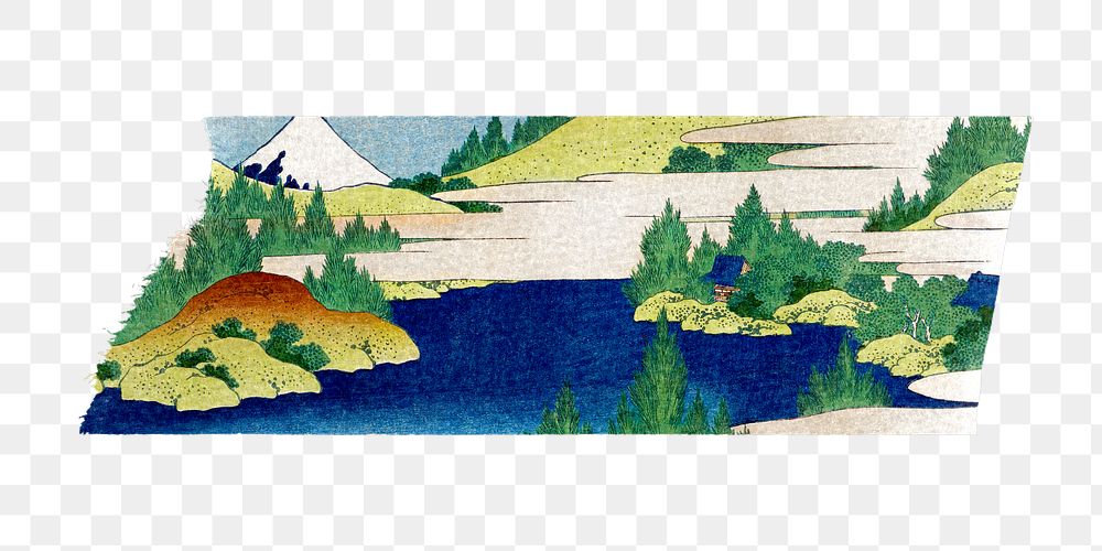 Hokusai's png Hakone Lake washi tape sticker, transparent background, remixed by rawpixel