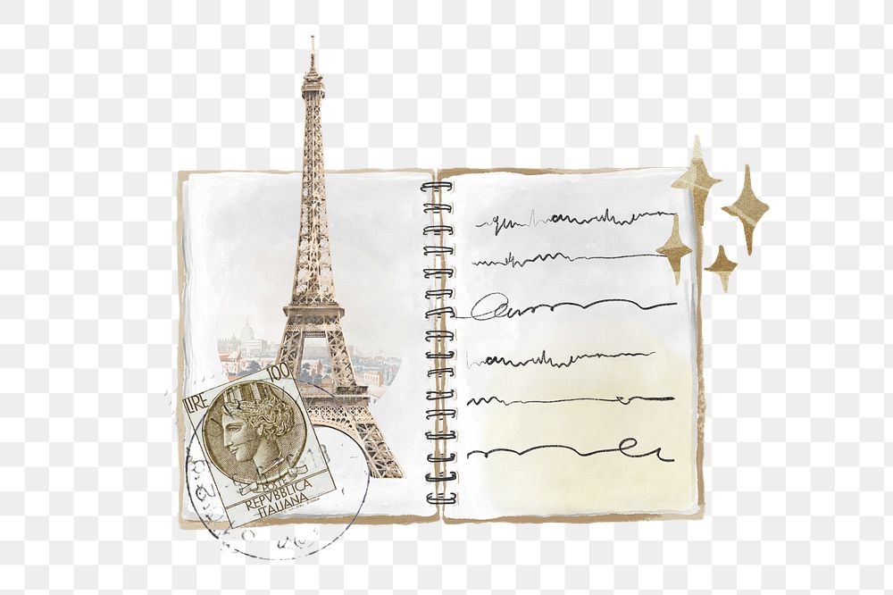Aesthetic diary png Eiffel tower journal sticker, transparent background