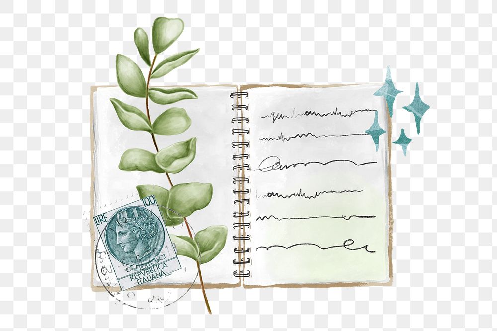 Aesthetic diary png leaf journal sticker, transparent background