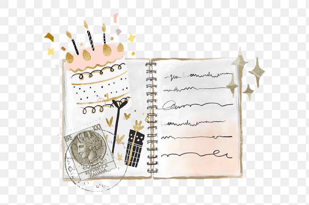 Aesthetic diary png birthday journal sticker, transparent background