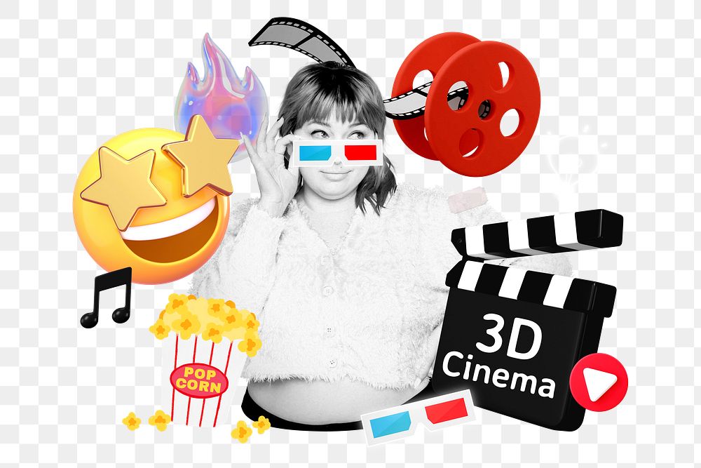 3D cinema png word element, 3d remix, transparent background