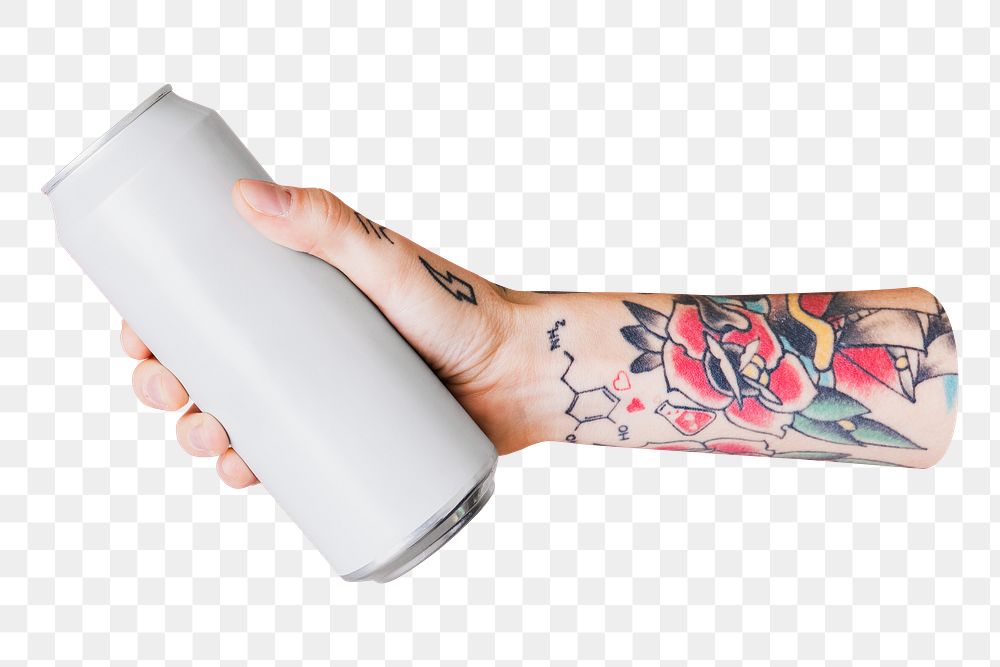 Drink can in hand png sticker, transparent background