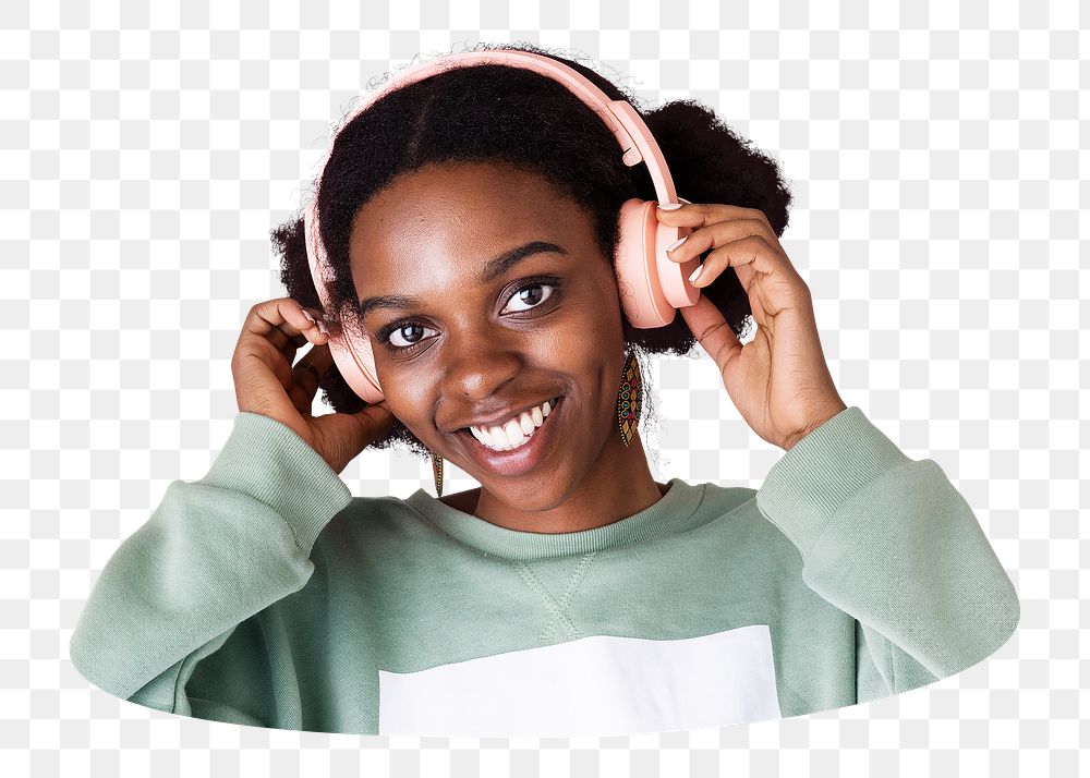 Png black woman listening to music sticker, transparent background