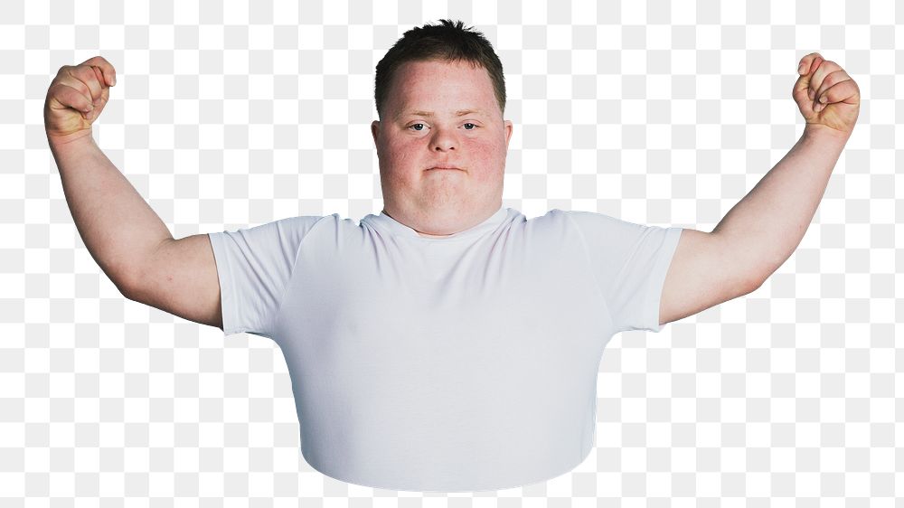 Strong boy png, kid with down syndrome sticker, transparent background