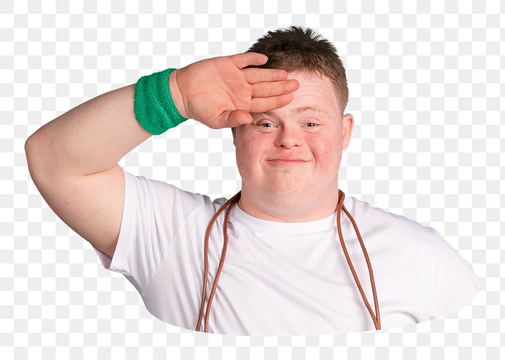 Salute gesture png, boy with down syndrome sticker, transparent background