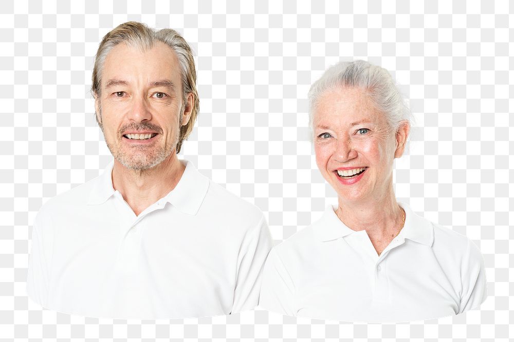 Png senior couple in polo shirt sticker, transparent background