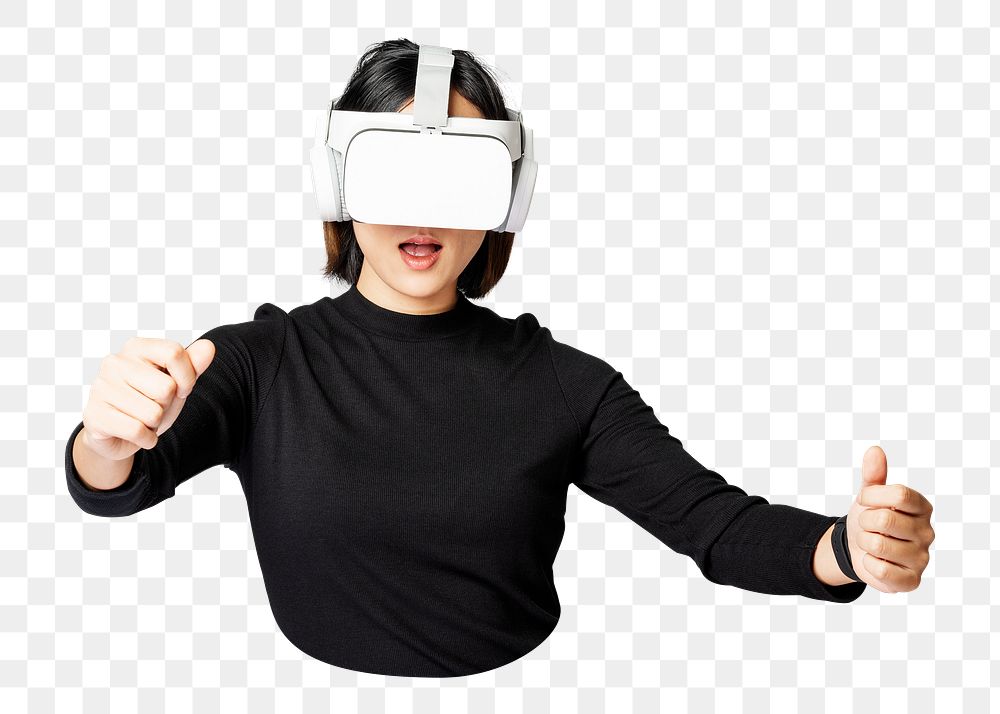 Png girl enjoying VR sticker, transparent background