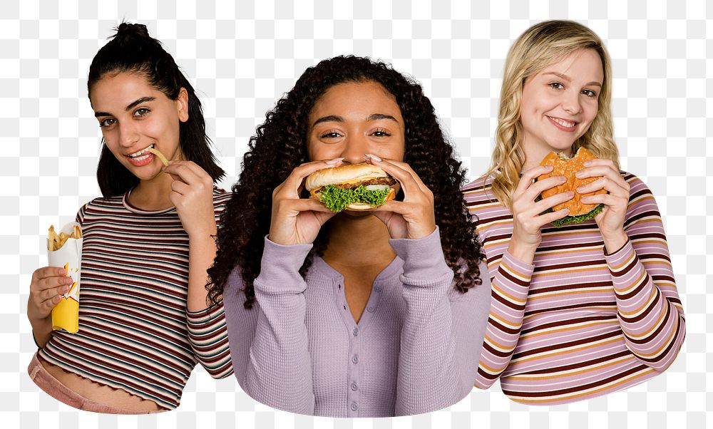 Png friends eating junk food sticker, transparent background