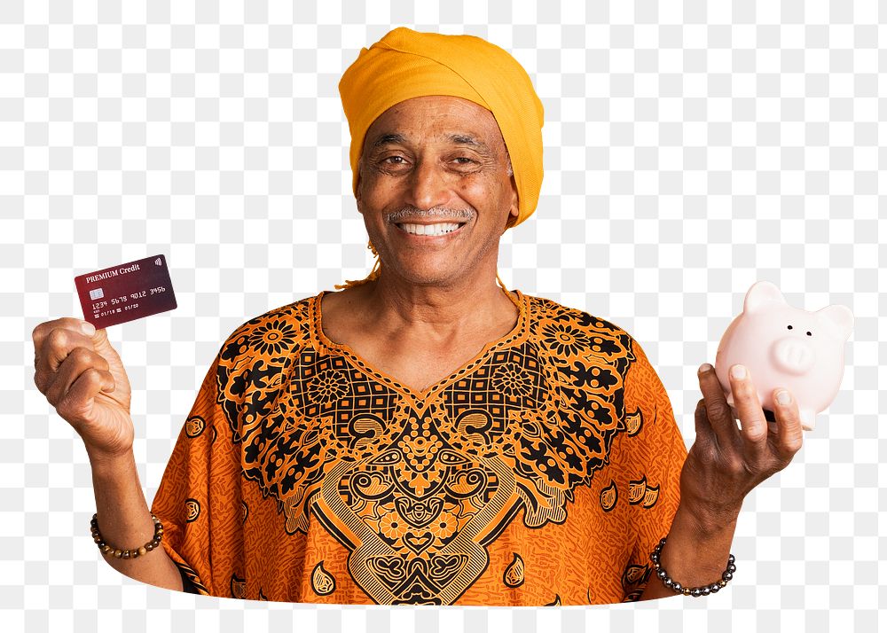 Png Indian man with credit card & piggy bank sticker, transparent background