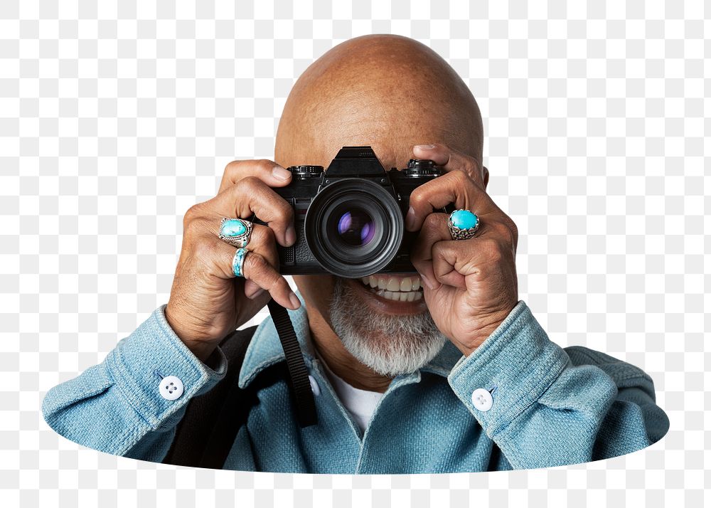 Png senior man with digital camera sticker, transparent background