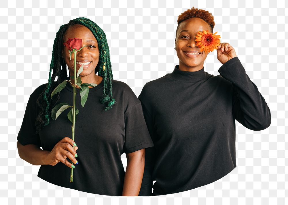 Happy black lesbian couple png, transparent background
