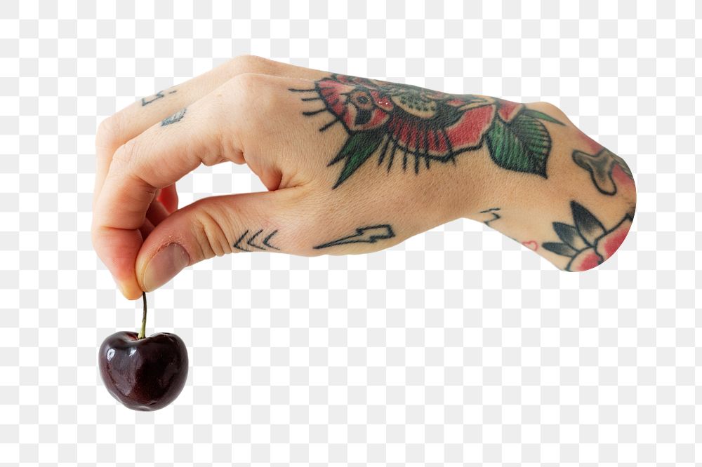 Png hand holding cherry sticker, transparent background