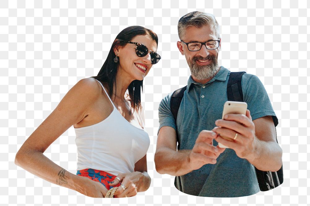 Happy couple using smartphone png, transparent background