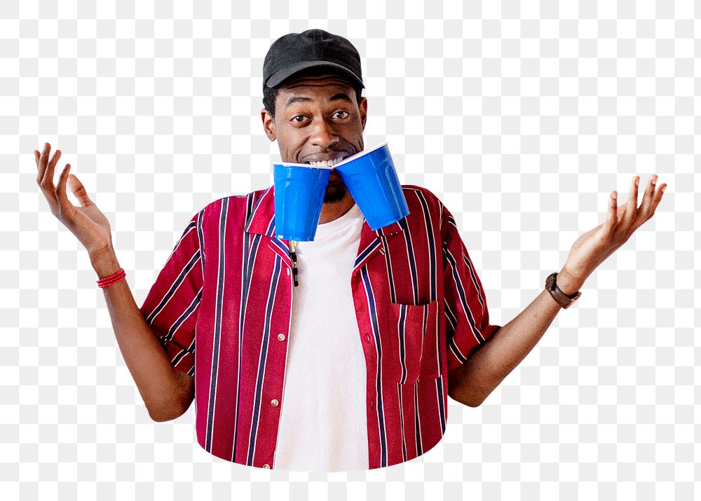 Png black man holding blue cups sticker, transparent background