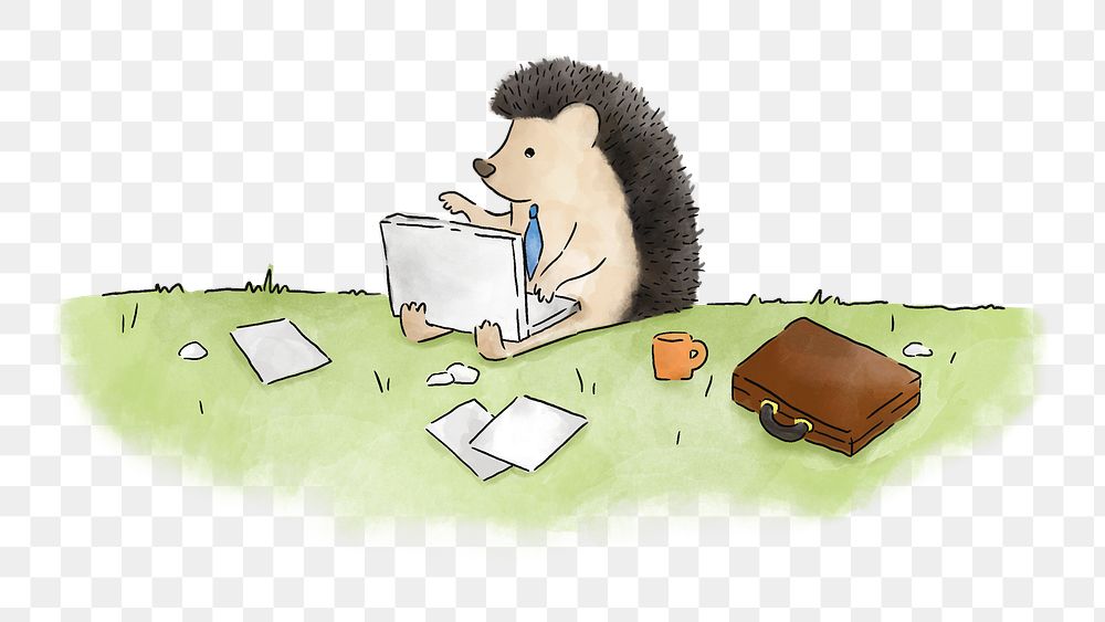PNG Hedgehog typing on a laptop, illustration, collage element, transparent background