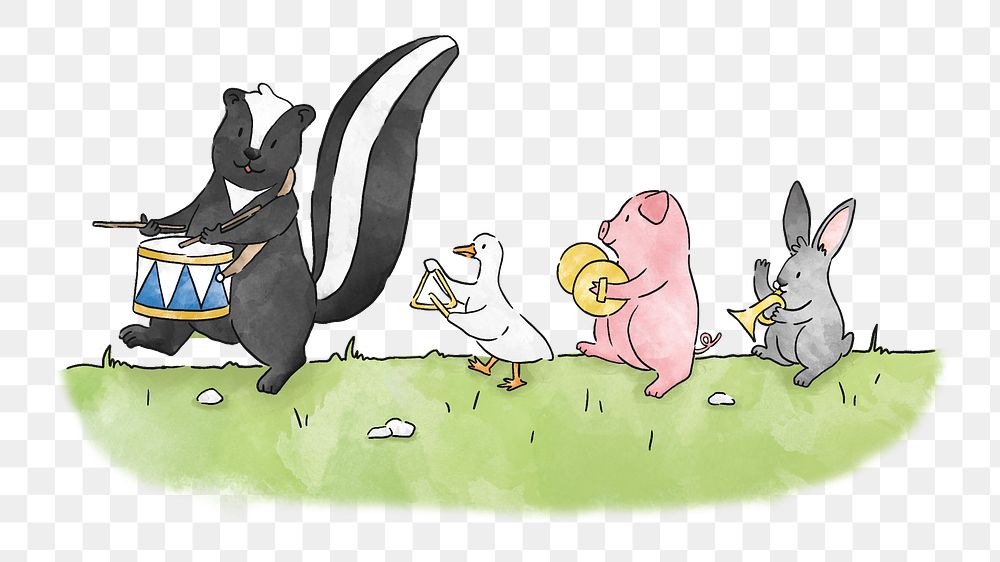 PNG Skunk marching to his own drum, illustration, collage element, transparent background
