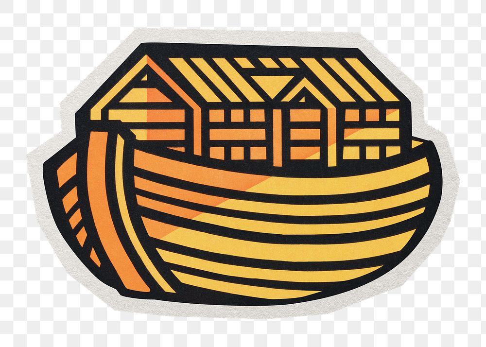 PNG wooden Noah's' ark sticker with white border,  transparent background