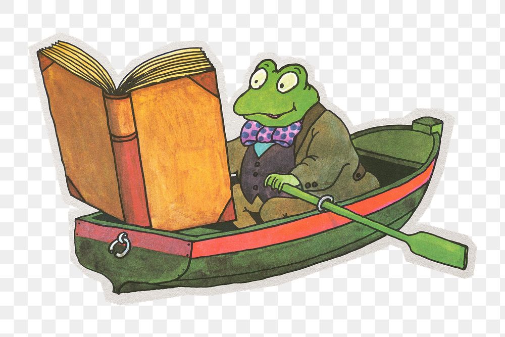 PNG reading frog sticker with white border, paddling on a row boat,  transparent background 