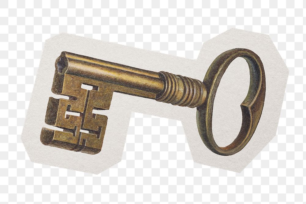 PNG vintage key sticker with white border, transparent background