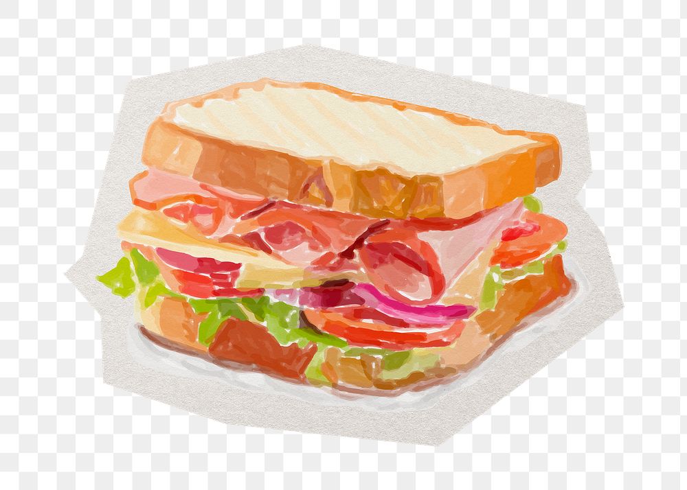 PNG watercolor sandwich meal sticker with white border, transparent background