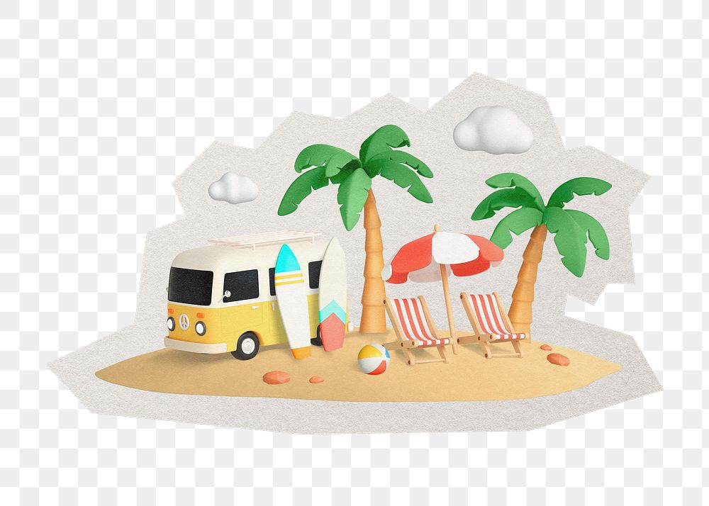 PNG beach sticker  white border, vacation 3D cartoon, transparent background