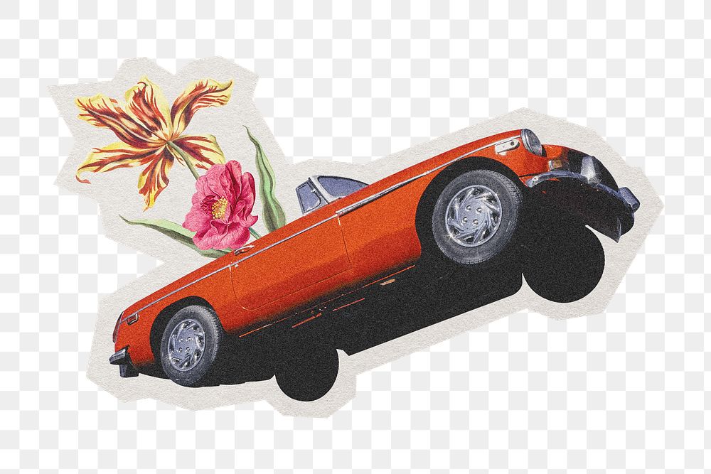 PNG Floral vintage car sticker  white border, transparent background