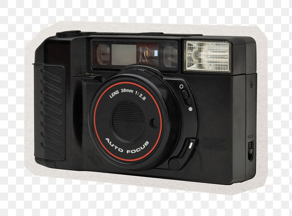 PNG black old camera sticker with white border,  transparent background