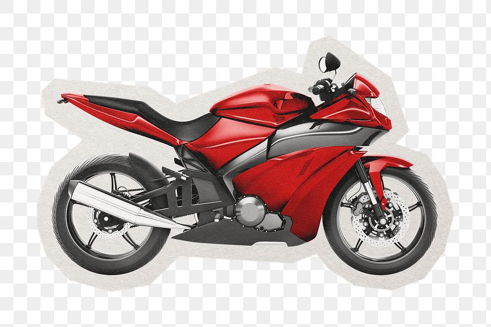 PNG red sports bike sticker with white border,  transparent background