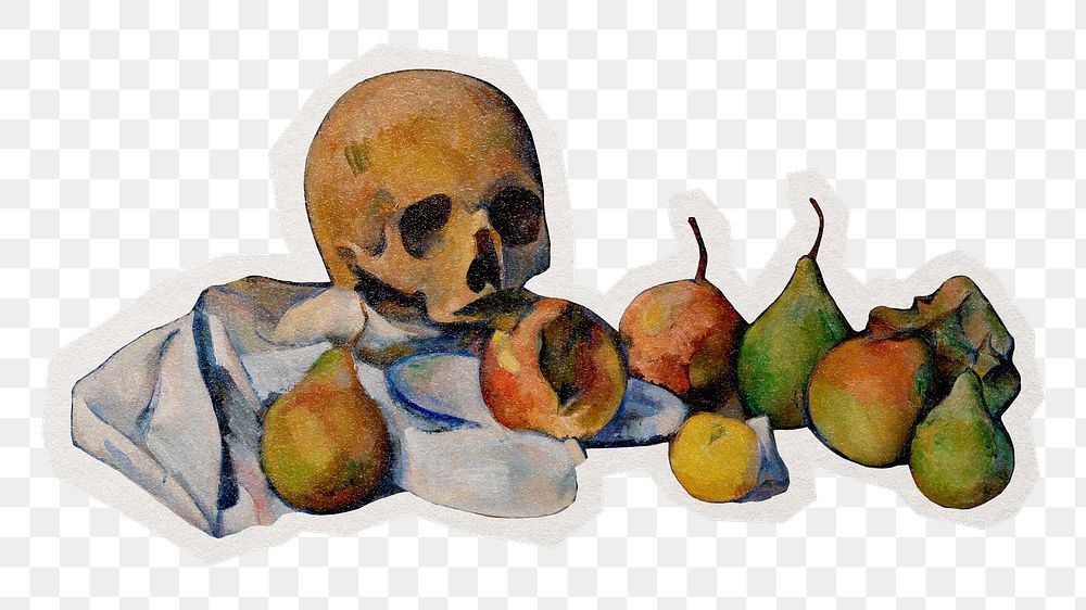 PNG Cezanne&rsquo;s Skull sticker with white border, transparent background , artwork remixed by rawpixel.