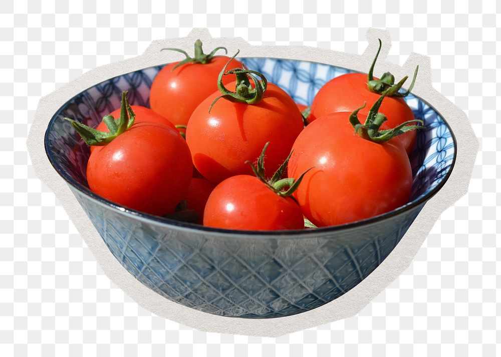 PNG tomatoes in bowl sticker with white border, transparent background