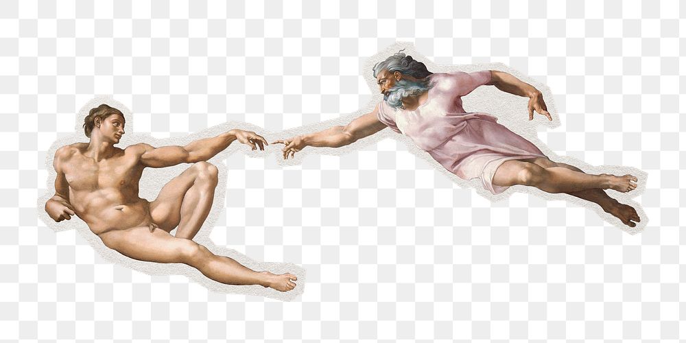 PNG Michelangelo's Creation of Adam sticker with white border, transparent background 