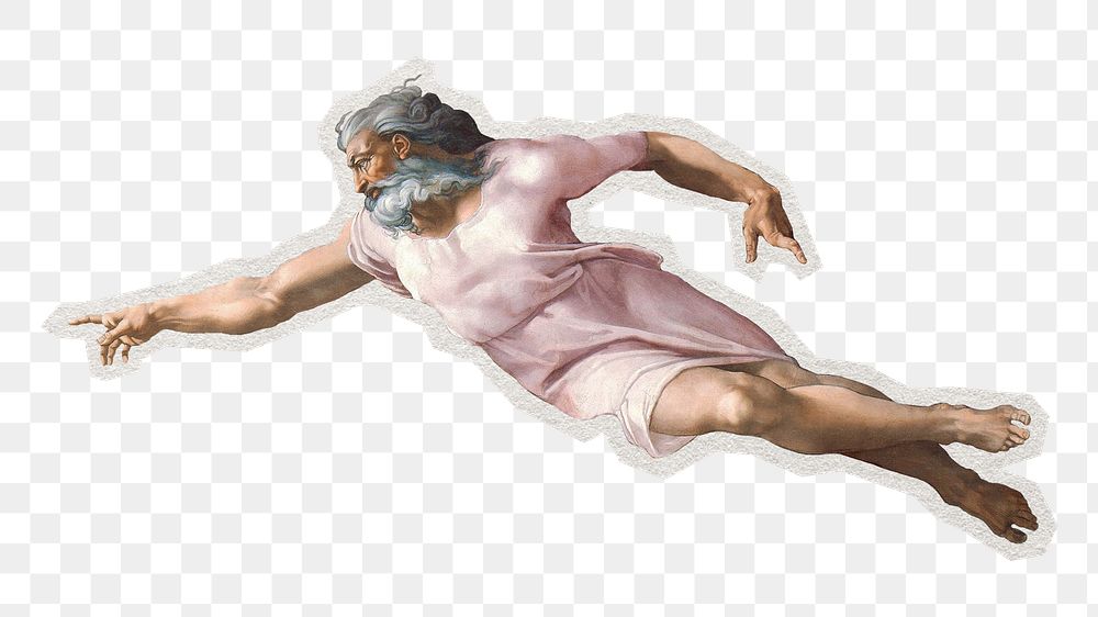 PNG creation of Adam by Michelangelo Buonarroti sticker with white border, transparent background