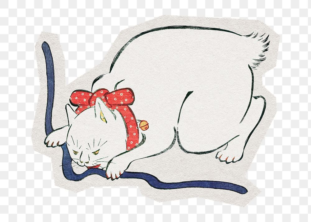 PNG vintage white cat sticker with white border, transparent background 