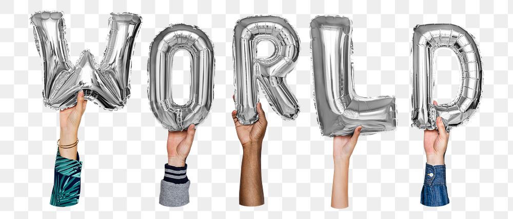 World word png, hands holding balloon typography, transparent background